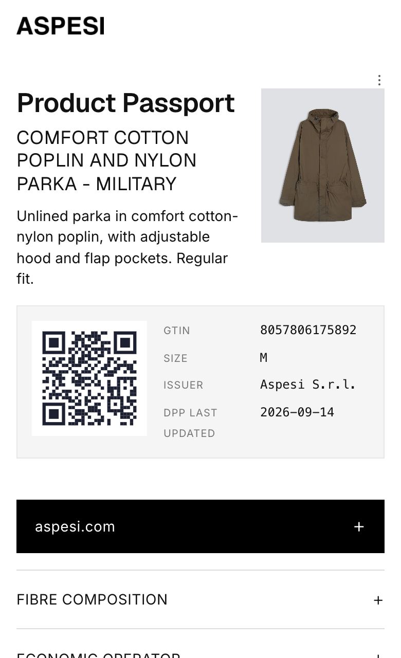 Digitalt produktpass: Aspesi Cotton poplin and nylon parka
