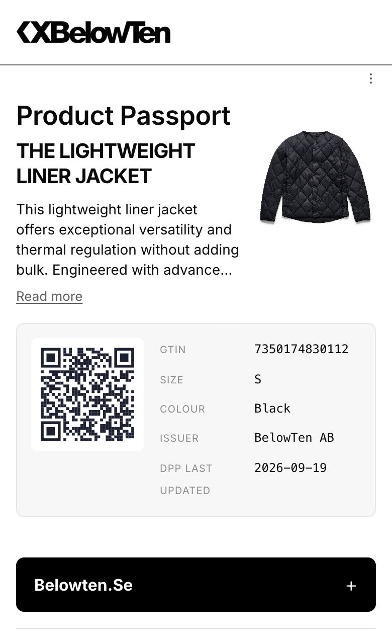 Digitalt produktpass: BelowTen The Lightweight Liner Jacket
