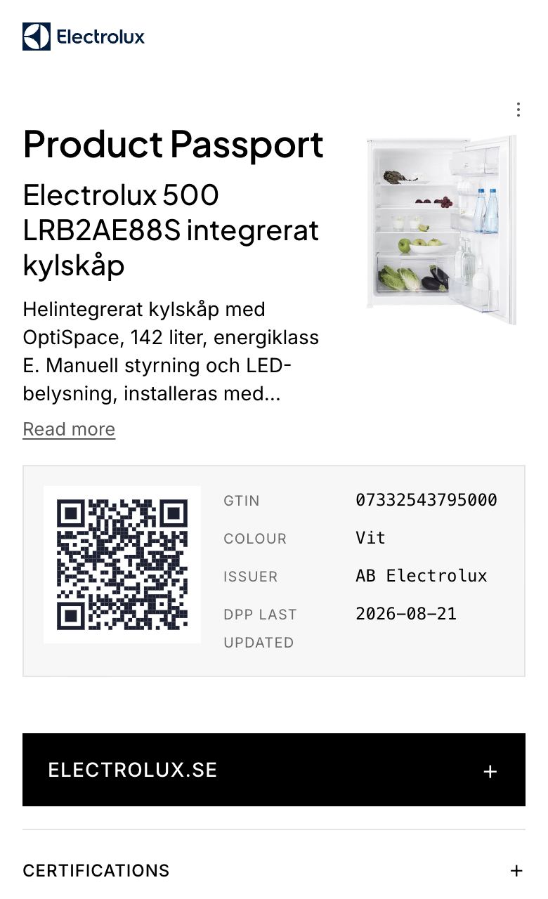 Digitalt produktpass: Electrolux LRB2AE88S integrerat kylskåp