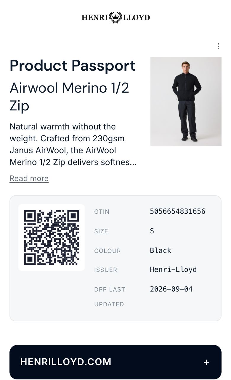 Digitalt produktpass: Henri-Lloyd Airwool Merino 1/2 Zip