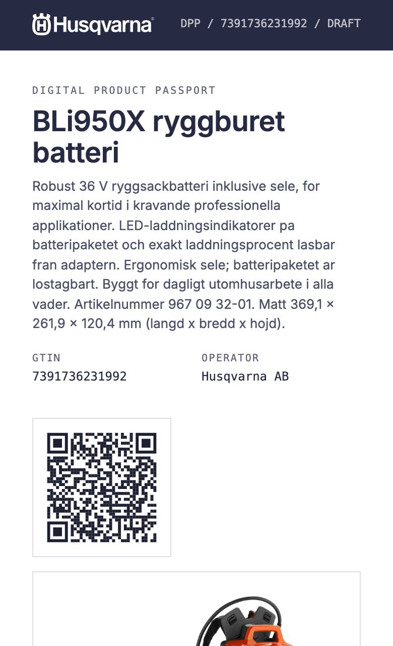 Digitalt produktpass: Husqvarna BLi950X backpack battery