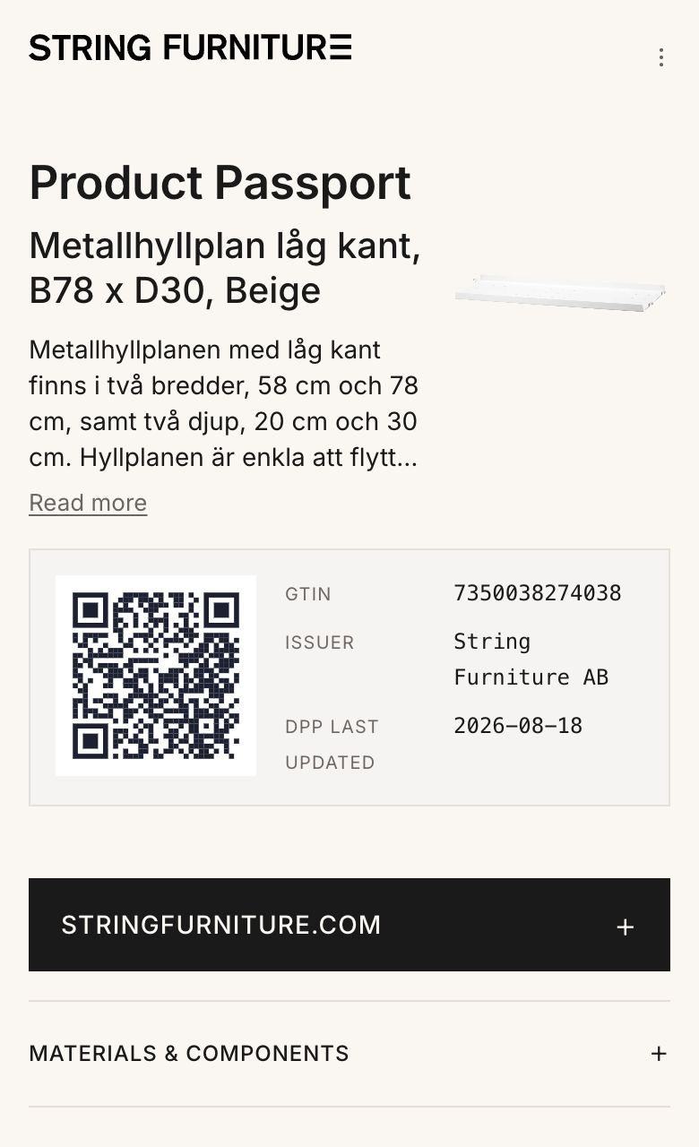Digitalt produktpass: String Furniture Metallhyllplan låg kant